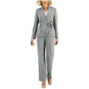 Le Suit Womens Mini Herringbone 2 Piece Pant Suit, Grey, NWT